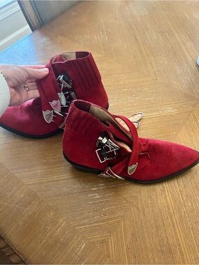 TOGA Pulla Red Suede Western-Inspired Ankle Boots with Silver Hardware